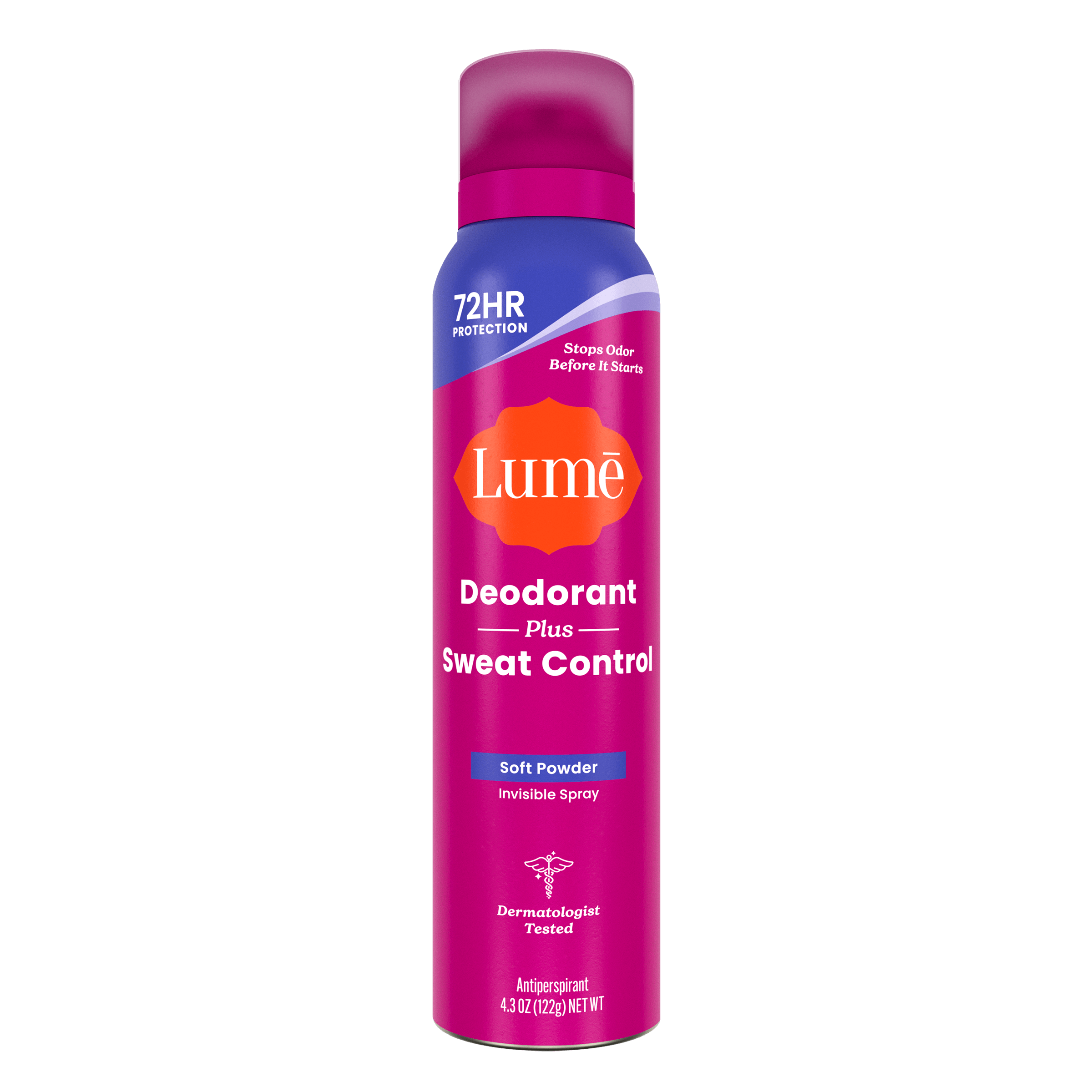 Can of Lume spray deodorant plus sweat control in the scent Soft Powder