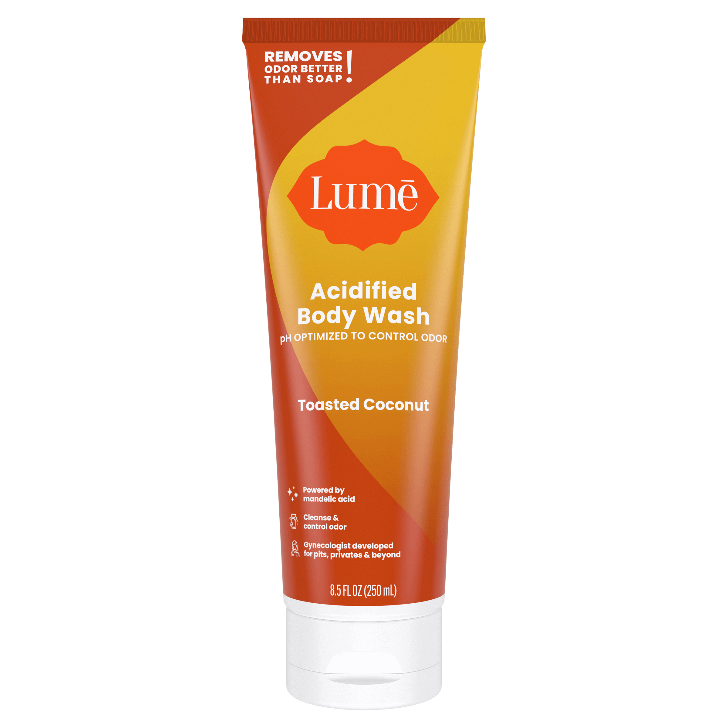Orange Lume toasted coconut scented acidified body wash against a white background